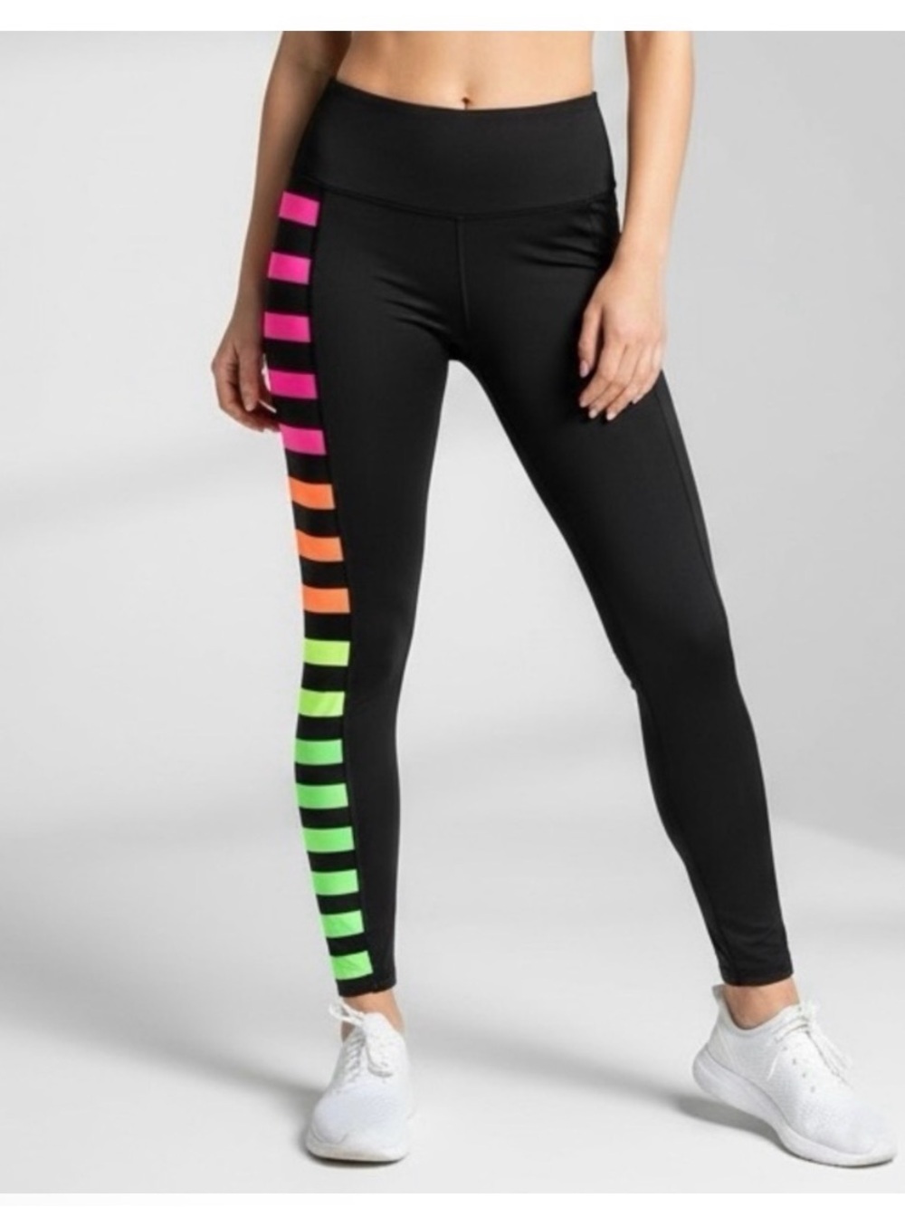 K-DEER Rainbow Stripe Sneaker Length Leggings Black Neon Size XS